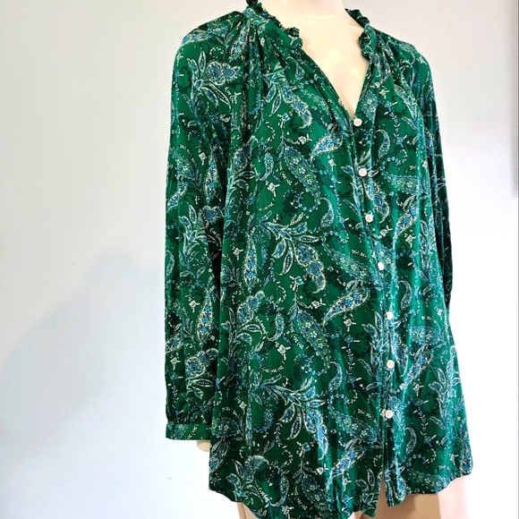 J. Jill Womens Ruffled Satin Top Paisley Tunic Top Button Up Cottagecore Green L - Picture 6 of 13